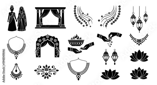 Indian wedding icon set traditional ceremony decorative elements