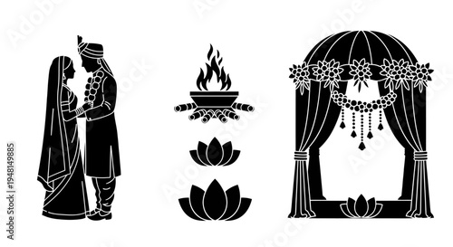 Indian wedding ritual symbols bride and groom ceremony icons