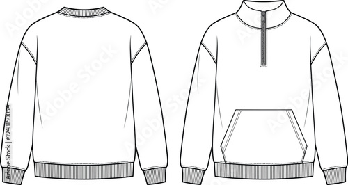 Quarter zip hoodie sweatshirt technical template with front and back view, long sleeve pullover with kangaroo pocket apparel flat sketch vector for fashion design