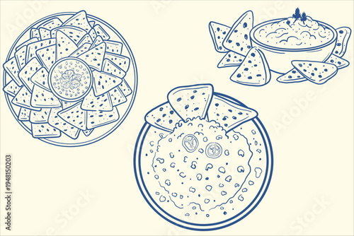 Nachos and salsa outline set with Mexican tortilla chips and dips in line style