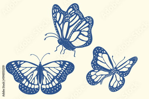 Monarch butterfly silhouette set with decorative wings in vintage style
