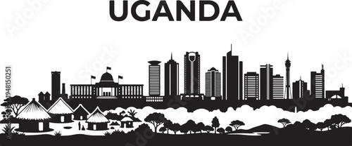 Modern Uganda cityscape with traditional huts and skyscrapers