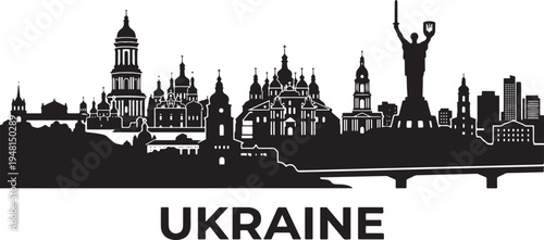 Kiev cityscape with iconic statue and church domes in Ukraine