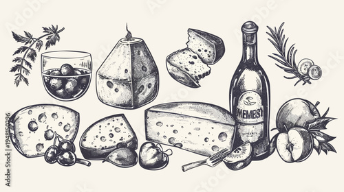 Artistic ink illustration of cheese, wine, and fruit. Features glass of olives, pear, bottle, apples, and cherries