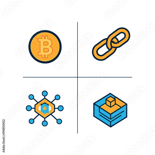 Cryptocurrency and Blockchain Technology Icons - Bitcoin, Chain, Network, and Block.