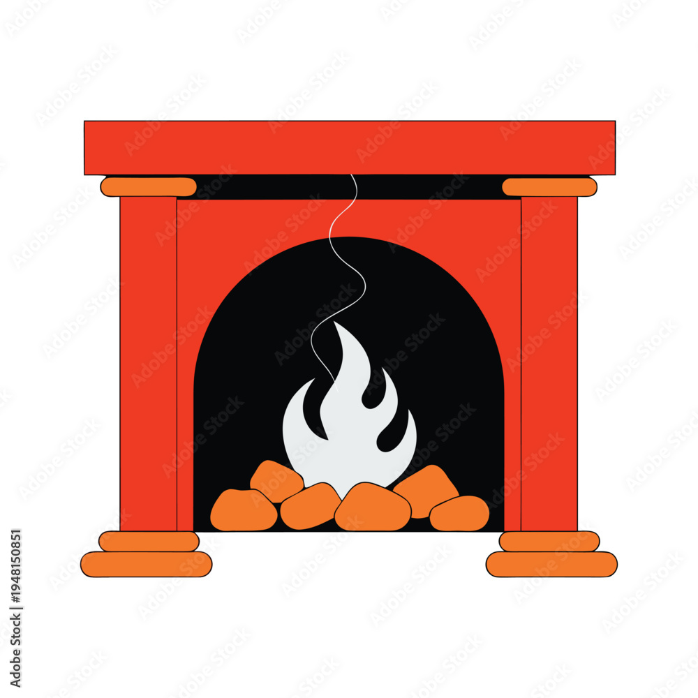 Fototapeta premium Vibrant Minimalist Fireplace Illustration with Warm Flames isolated on White Background