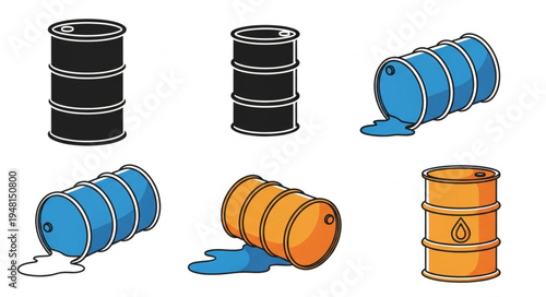 Illustrations of Oil Drums in Various States and Colors.