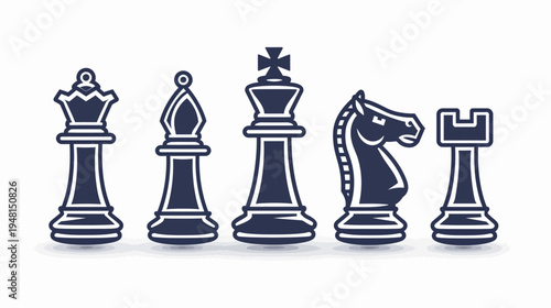Graphic of a chessboard arrangement. Pieces include queen, bishop, king, knight, and rook