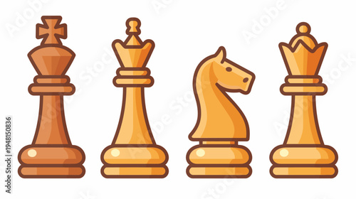 Four cartoon chess pieces in golden and brown hues, arranged in a row against a white background