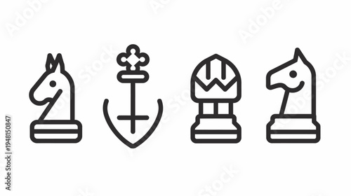 Four simple black and white vector graphics, featuring chess pieces and maritime elements