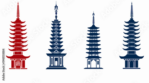 Stylized illustrations of four traditional multi-tiered structures in red and dark blue