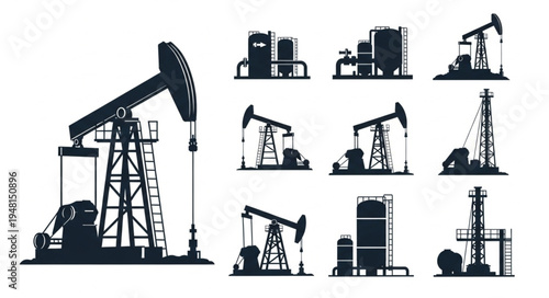 Silhouette Collection of Oil Pumpjacks and Industrial Equipment.