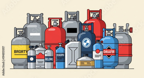 Collection of Various Gas Cylinders and Canisters for Different Uses.