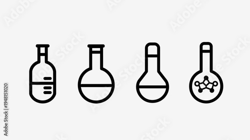 A set of four stylized laboratory flask icons in black, each with a different design
