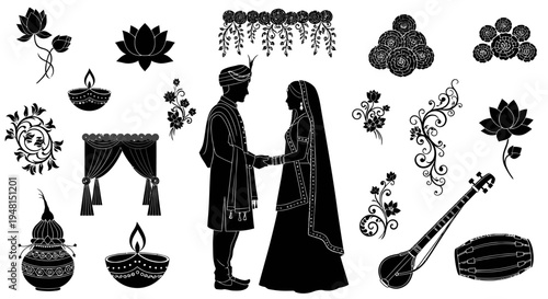 Romantic Indian marriage couple ritual ceremony illustration