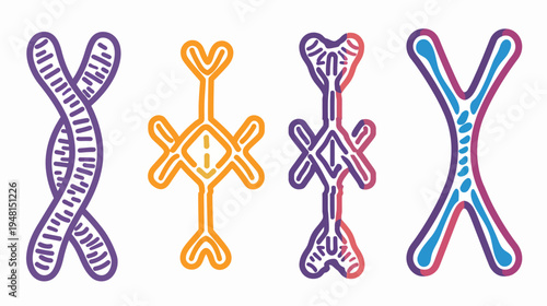 Four stylized illustrations, each in different colors and shapes, reminiscent of genetic structures