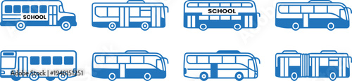 Blue School Bus and City Transit Icon Set Side View Transport Collection for Education