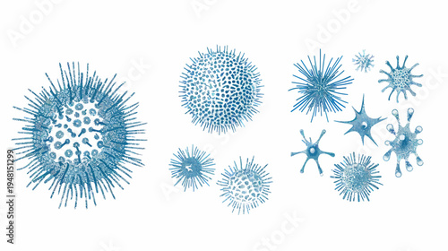 Artistic watercolor illustrations of various microscopic structures, in shades of blue