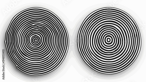 Optical illusion featuring two circular designs with concentric lines, one distorted, another neat
