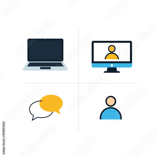 Online meeting and communication icons representing technology and people interaction.