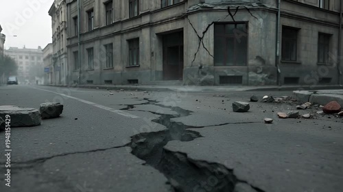 Devastating Earthquake Aftermath Cracked Road and Damaged Buildings in a Deserted City.