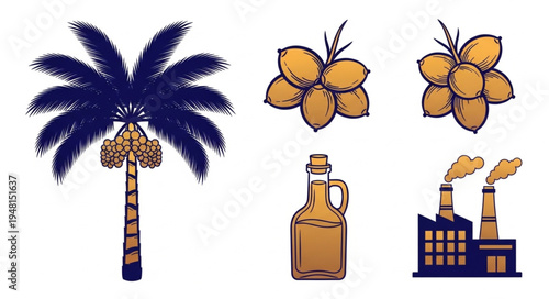 Coconut Palm Tree and Coconut Oil Production Illustration.