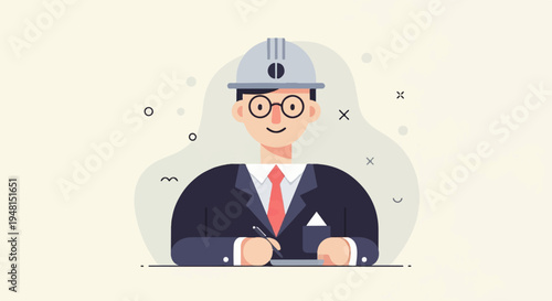 Cheerful engineer in hard hat and suit with glasses writes notes