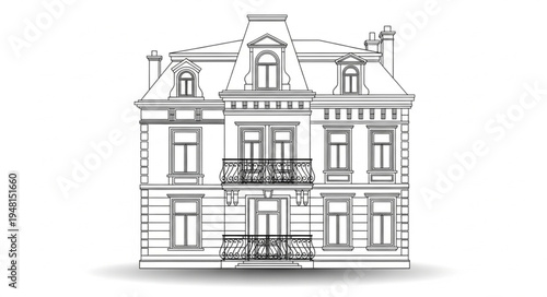 Detailed architectural sketch of a grand two-story house.