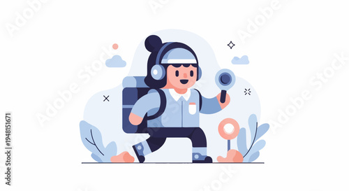 Cheerful explorer girl with backpack and magnifying glass