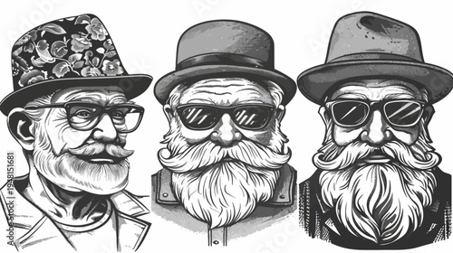 Three stylized portraits of men with large beards and hats, drawn in black and white
