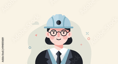 Cheerful female engineer in a light blue hard hat and suit