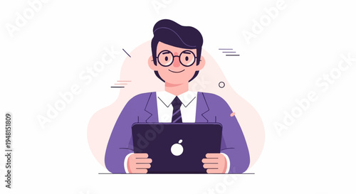 Cheerful man in a suit and tie smiles while holding a laptop with an apple logo
