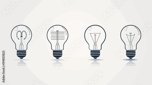 Four stylized light bulbs, each with different internal designs, on a light background
