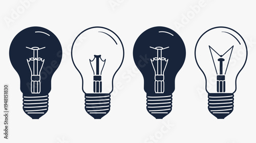 Four light bulbs, two solid and two outlines, presenting ideas. Concepts of illumination