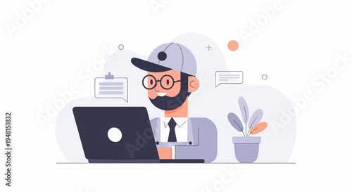 Cheerful man in cap and glasses works on laptop beside potted plant