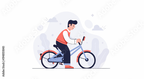 Cheerful man in casual attire rides a bicycle on a bright, airy day