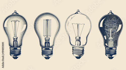 Artistic depiction of four antique light bulbs, each with unique filament and design