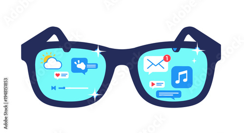 Colorful illustration of smart glasses with digital icons.