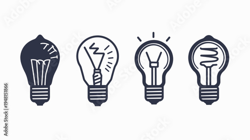 A collection of four black light bulb icons, each showcasing a unique internal filament design