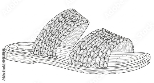 Detailed line art illustration of woven slide sandals for summer.