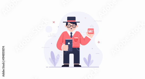 Cheerful man in hat with ID card and coffee, holding a laptop