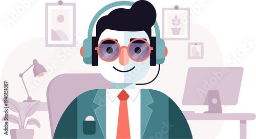 Cheerful man in headset, suit, and glasses at his desk