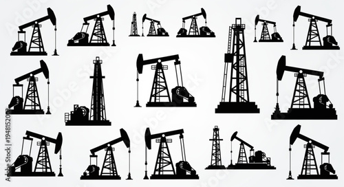 Silhouetted Oil Rigs - A Collection of Industrial Energy Production.