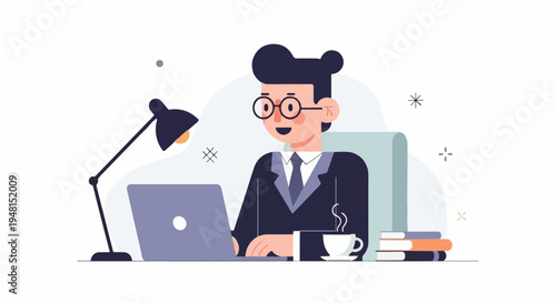 Cheerful man in suit works on laptop at desk with coffee