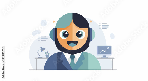 Cheerful cartoon person with headset and office desk setup