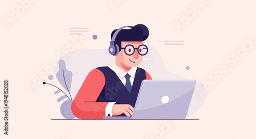 Cheerful man with glasses and headphones working on a laptop