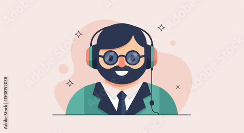 Cheerful man with headphones and glasses, professional attire, abstract background