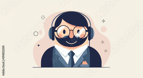 Cheerful man with headphones and glasses, dressed professionally