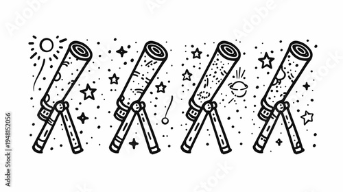 Black and white illustration of four telescopes gazing at the cosmos. Each scene depicts stars