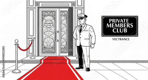Illustration of a Private Members Club Entrance with Doorman.